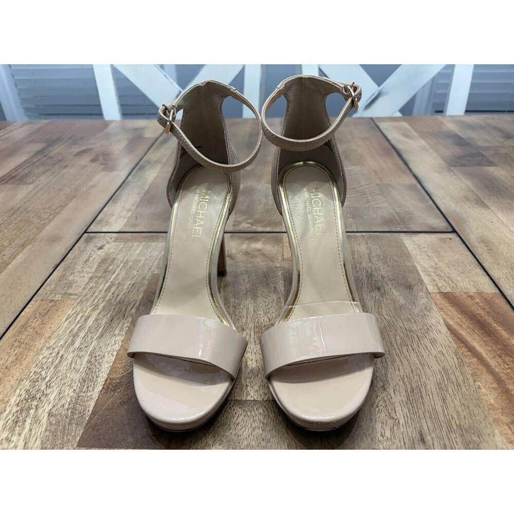 Michael Shannon Sz 7.5 Open Toe Strappy Heel beige Taupe Nude 4 1/3" Heel Height